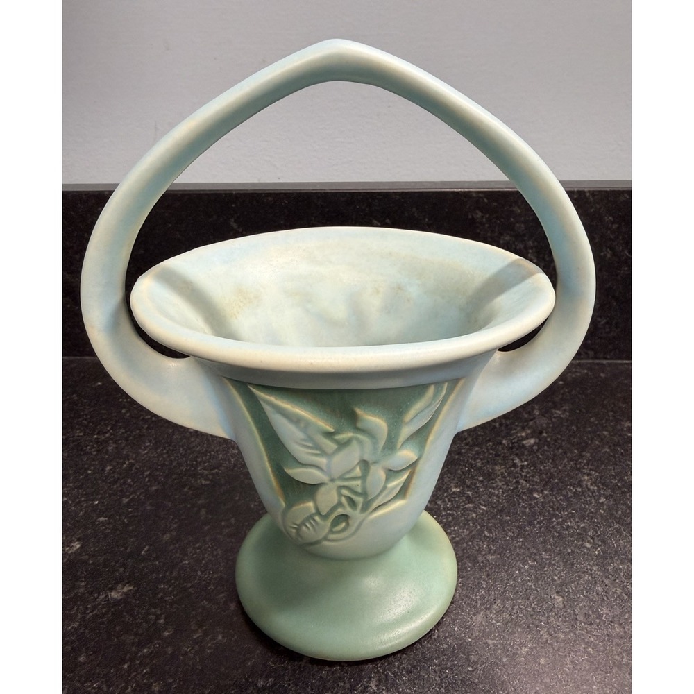 Vintage Roseville Pottery Silhouette Aqua Blue Basket Vase 708-6 Mid Century MCM